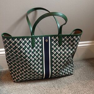Tory Burch Green and Navy Checkered Tote